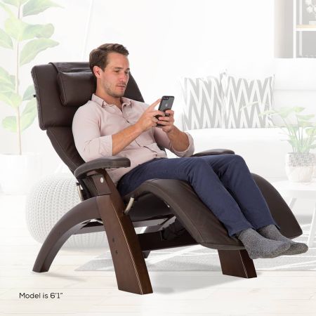 Perfect Chair PC-350 with male model in chair - overlay text says model is 6' 1" tall