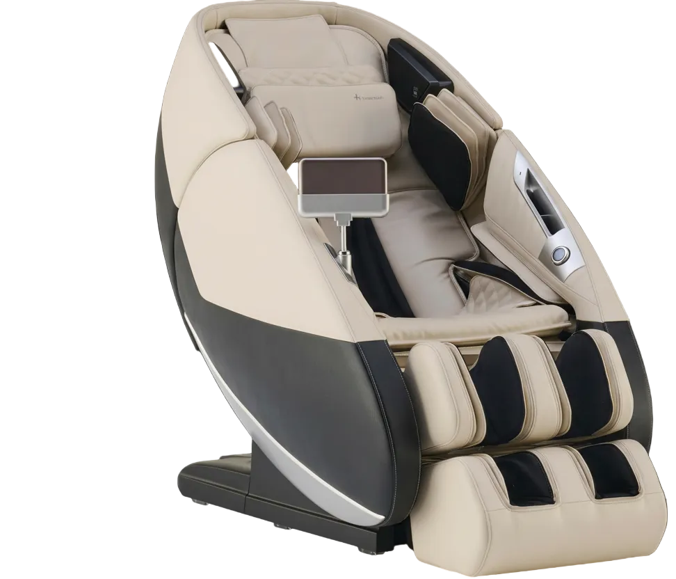 Beige and black massage chair on a green background