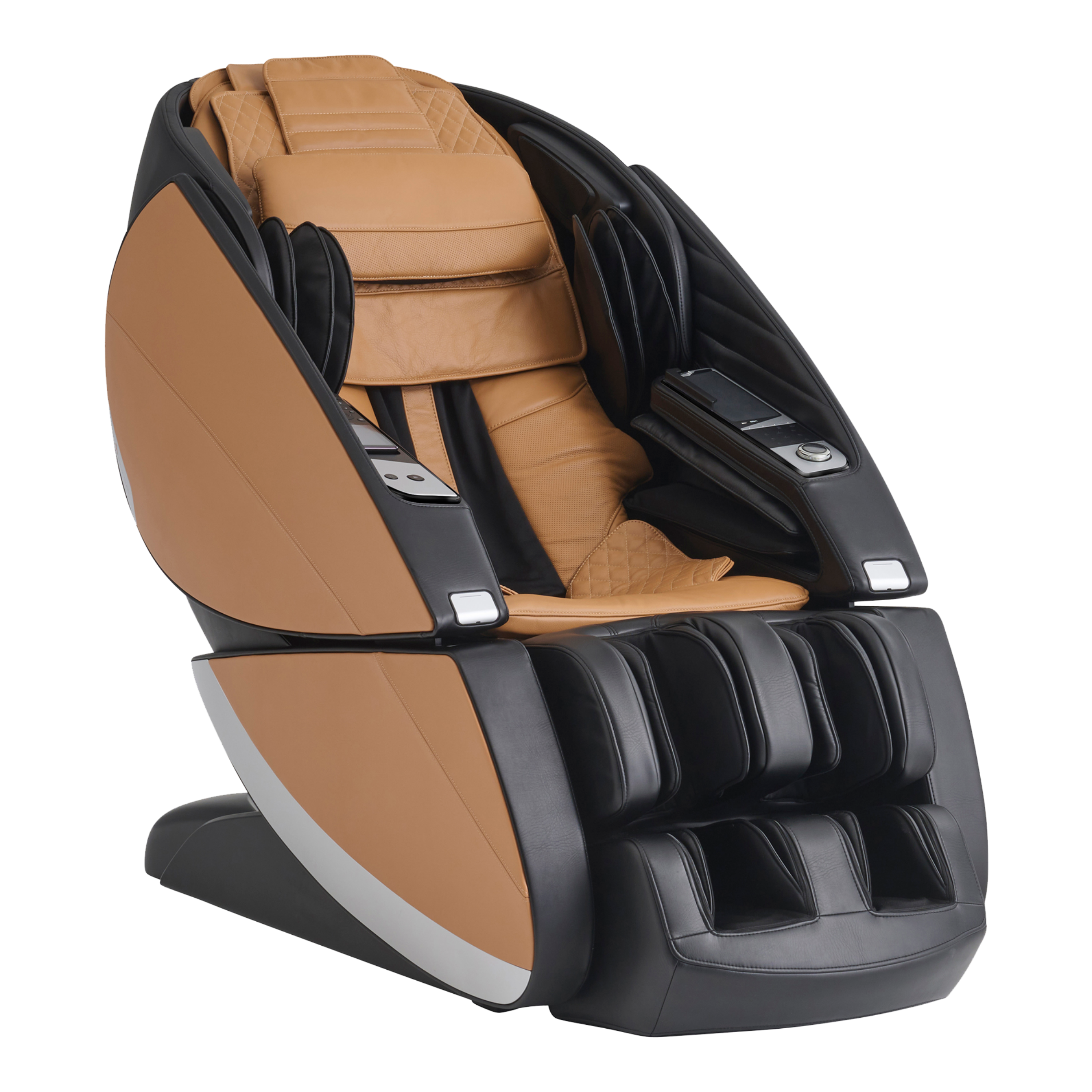 Massage chair with brown seat and black base on a white background