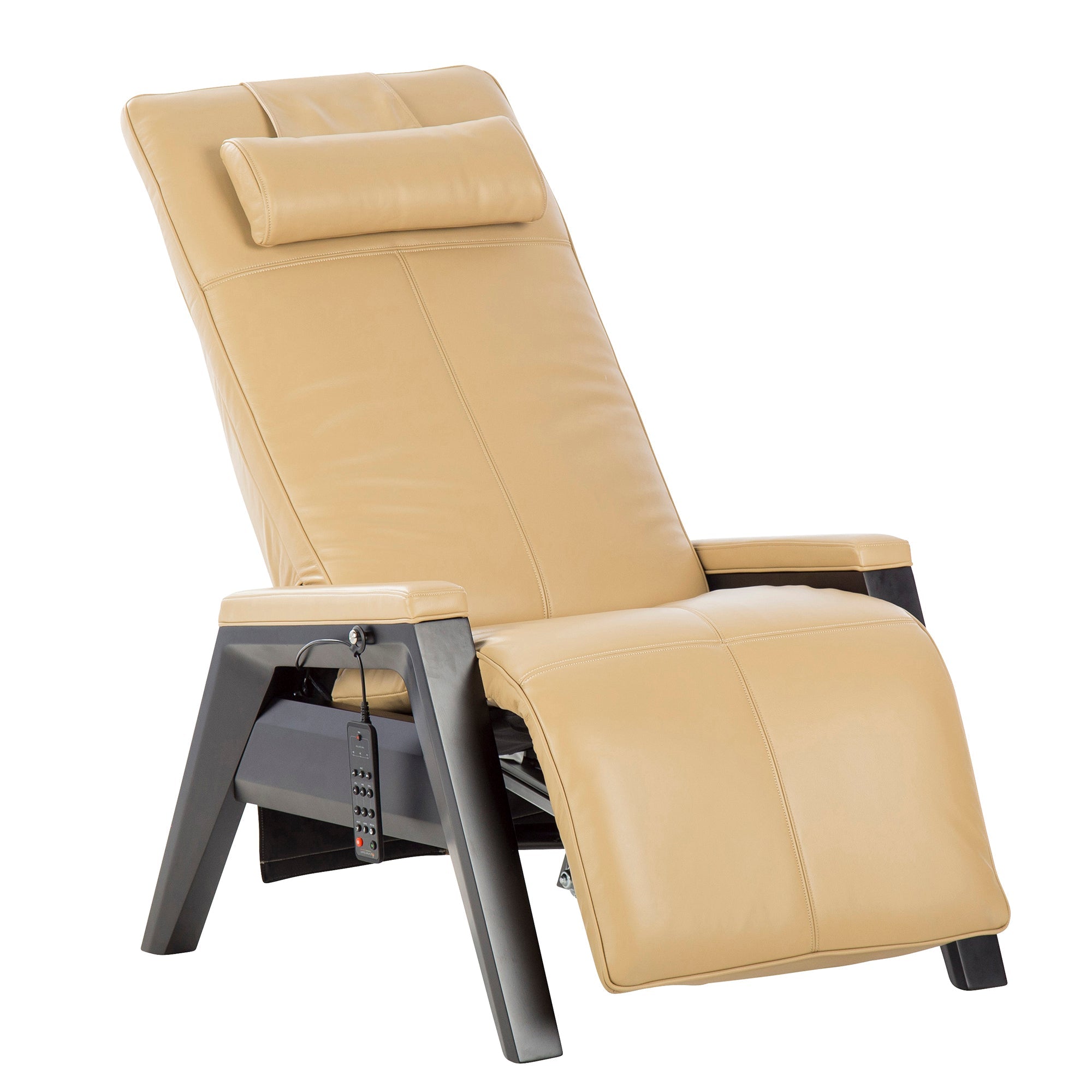 Gravis ZG Chair in tan leather with black base frame, featuring zero gravity recline and adjustable headrest pillow