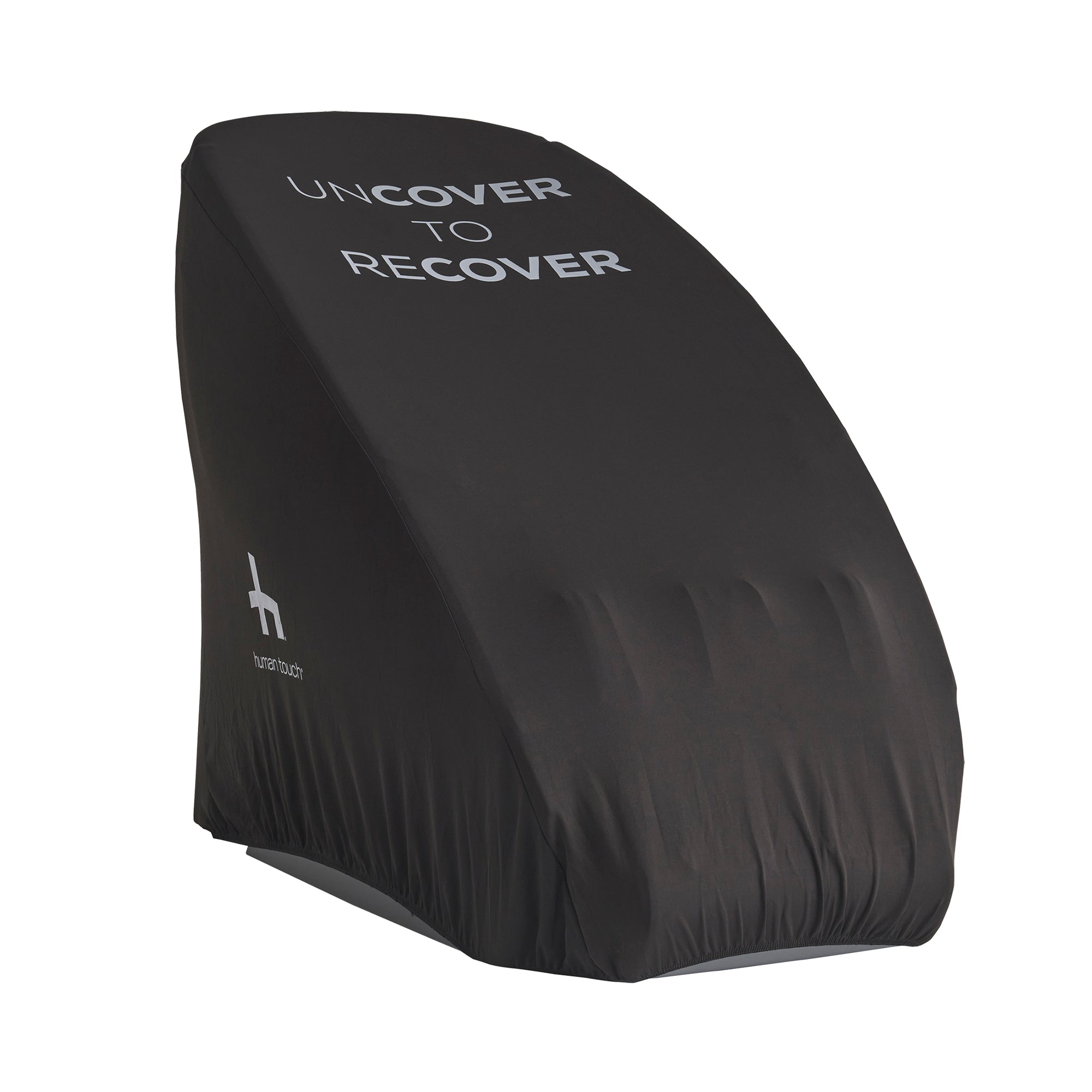Black massage chair cover with Uncover to Recover text and Human Touch logo, designed for Ascent Series protection
