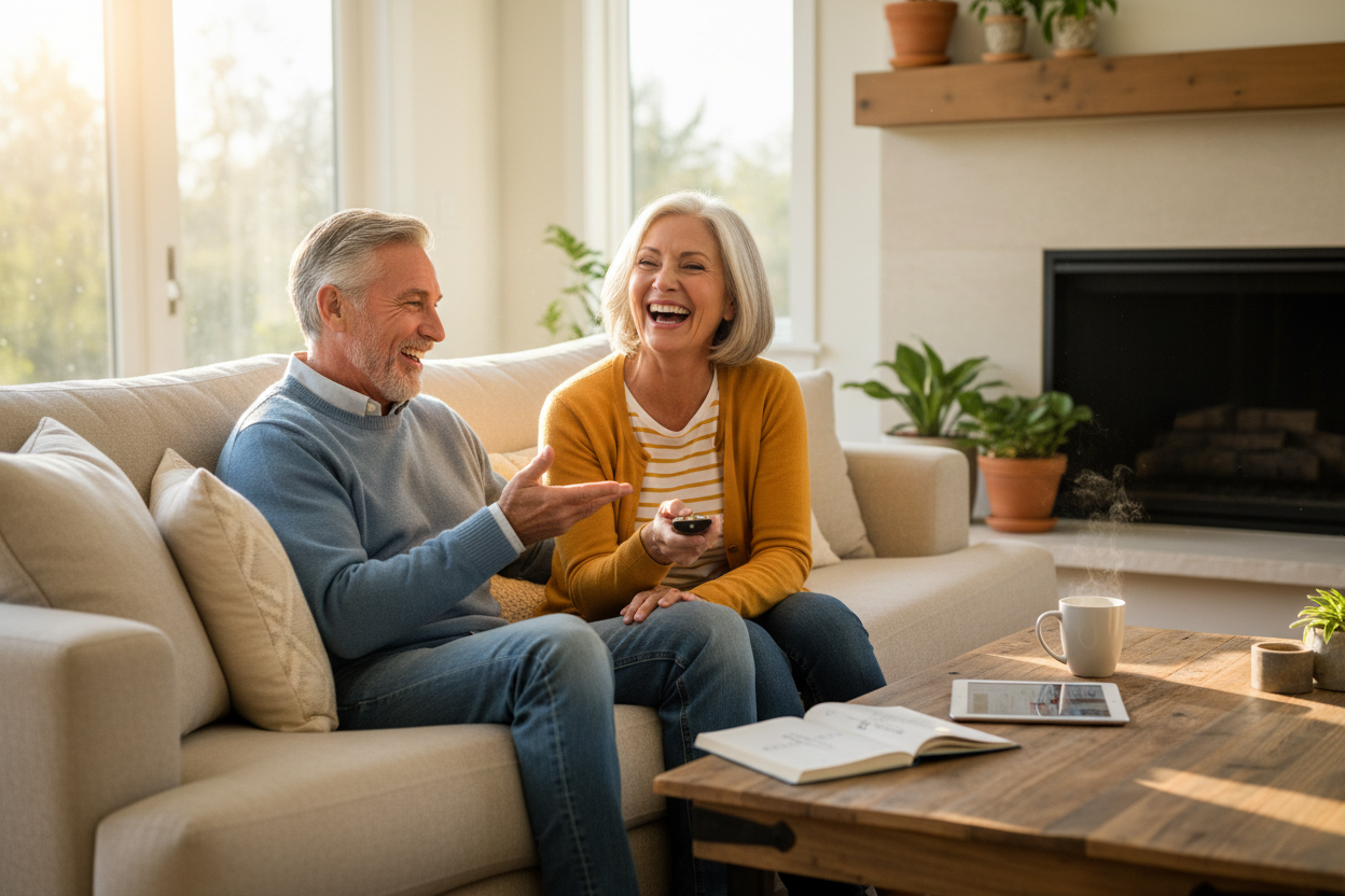 Senior couple sitting on a couch in a living room, laughing together.