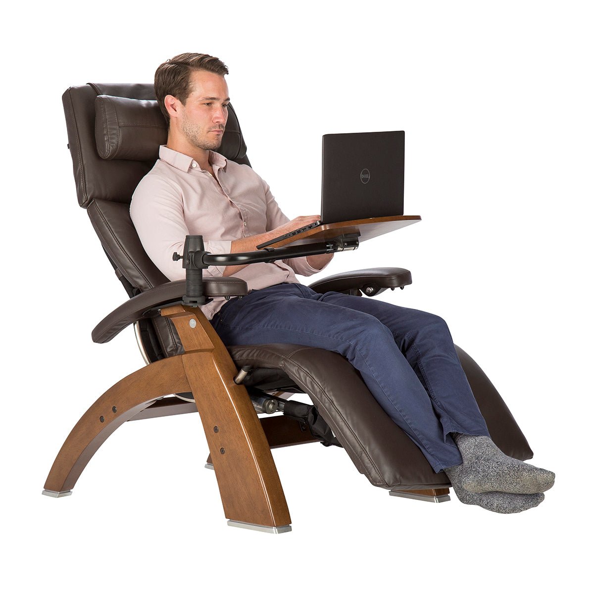 Perfect Chair Laptop Desk shown attached to recliner with adjustable wooden platform for comfortable computing position