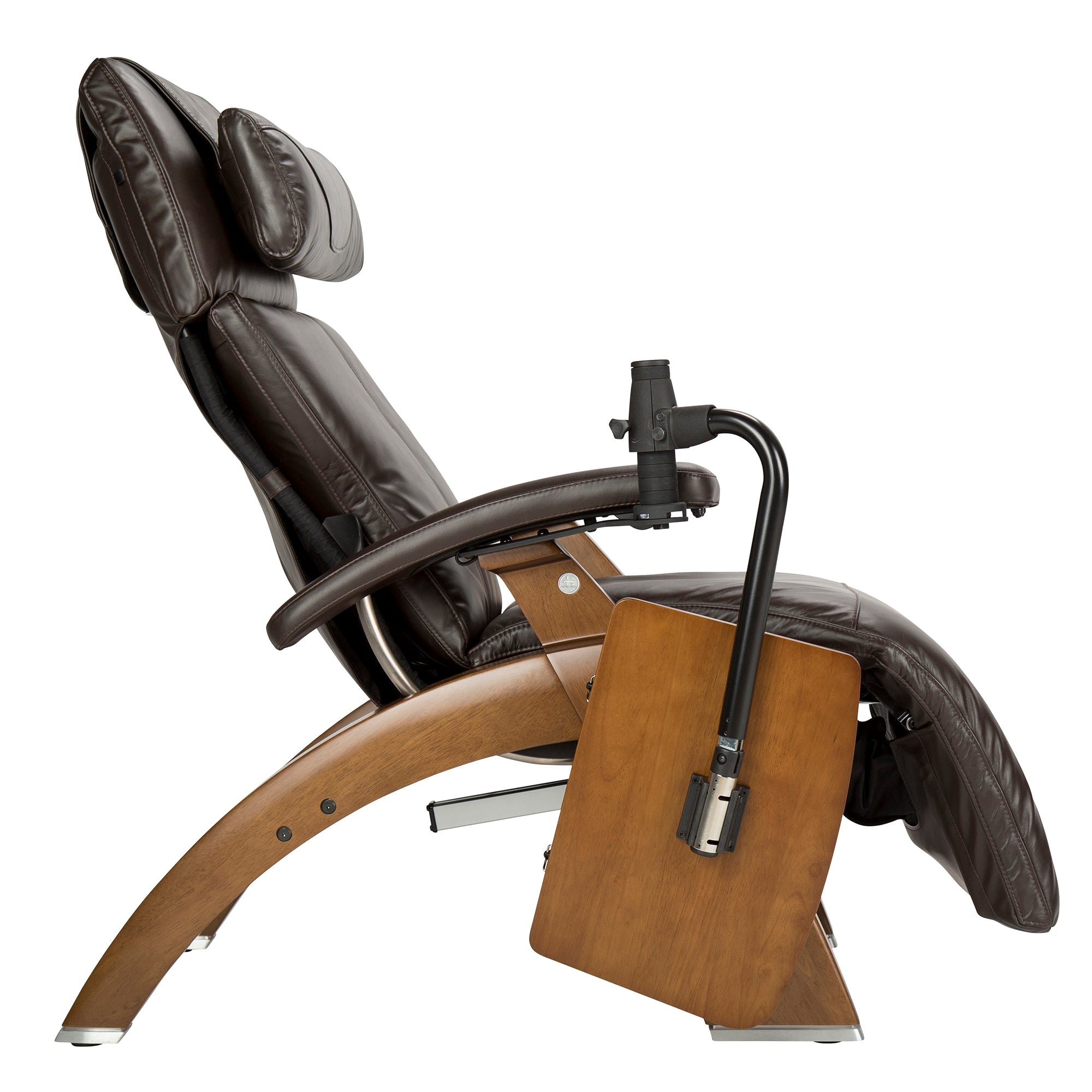 Perfect Chair Laptop Desk attachment shown on brown leather recliner with wooden base and adjustable mounting arm