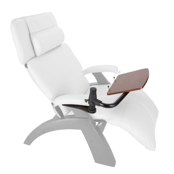 Perfect Chair Laptop Desk shown attached to white recliner chair, displaying adjustable wooden surface for devices