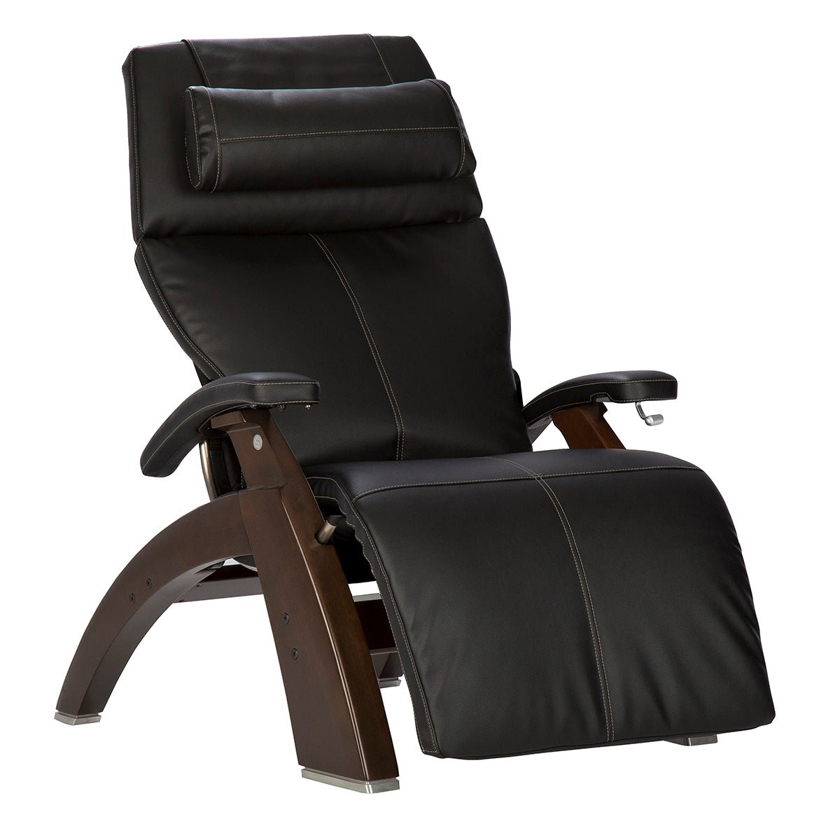 Perfect Chair PC-420 Classic Manual Plus recliner in black leather with dark wood base and zero-gravity positioning