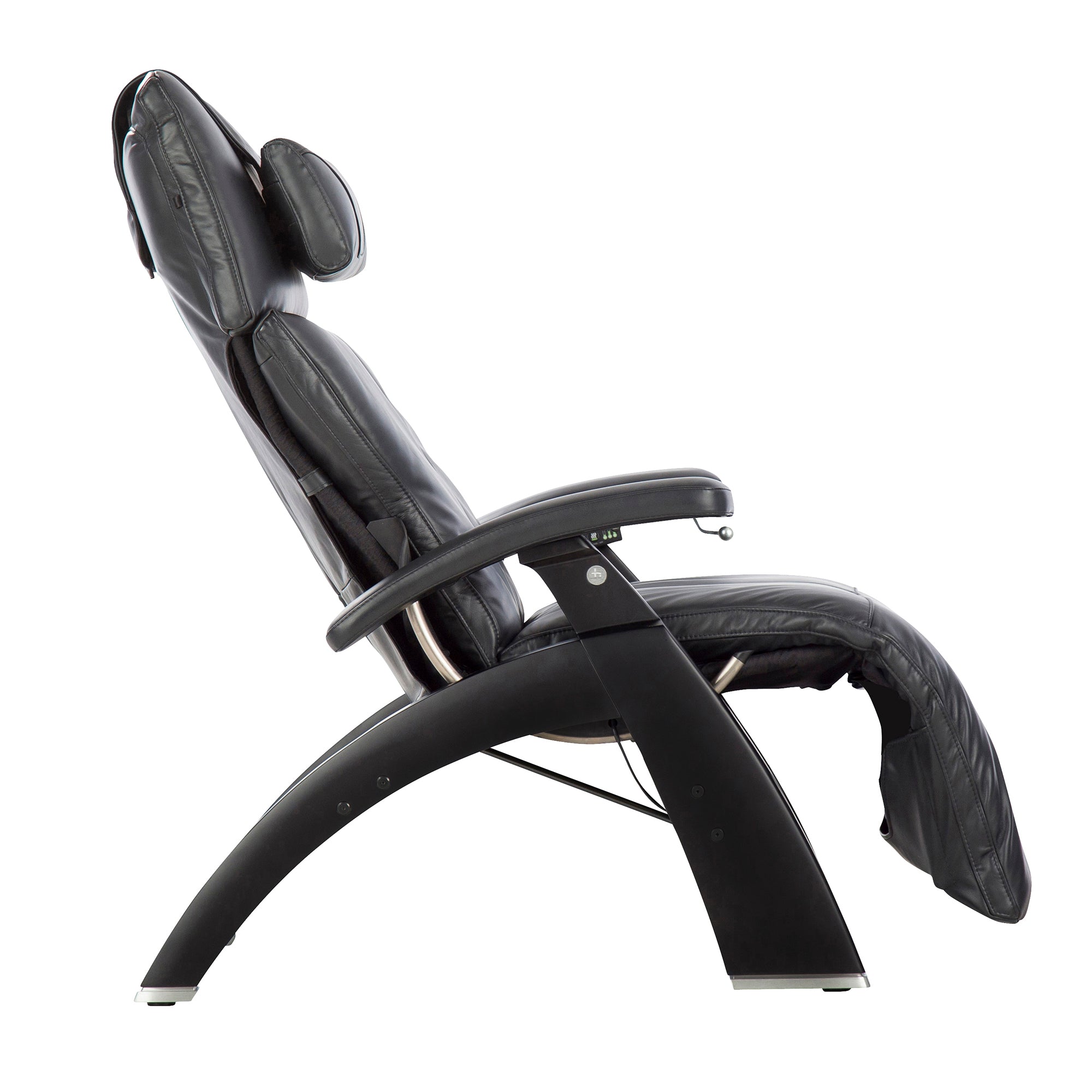 Perfect Chair PC-420 Classic Manual Plus zero gravity recliner in black leather with curved wood base, side view