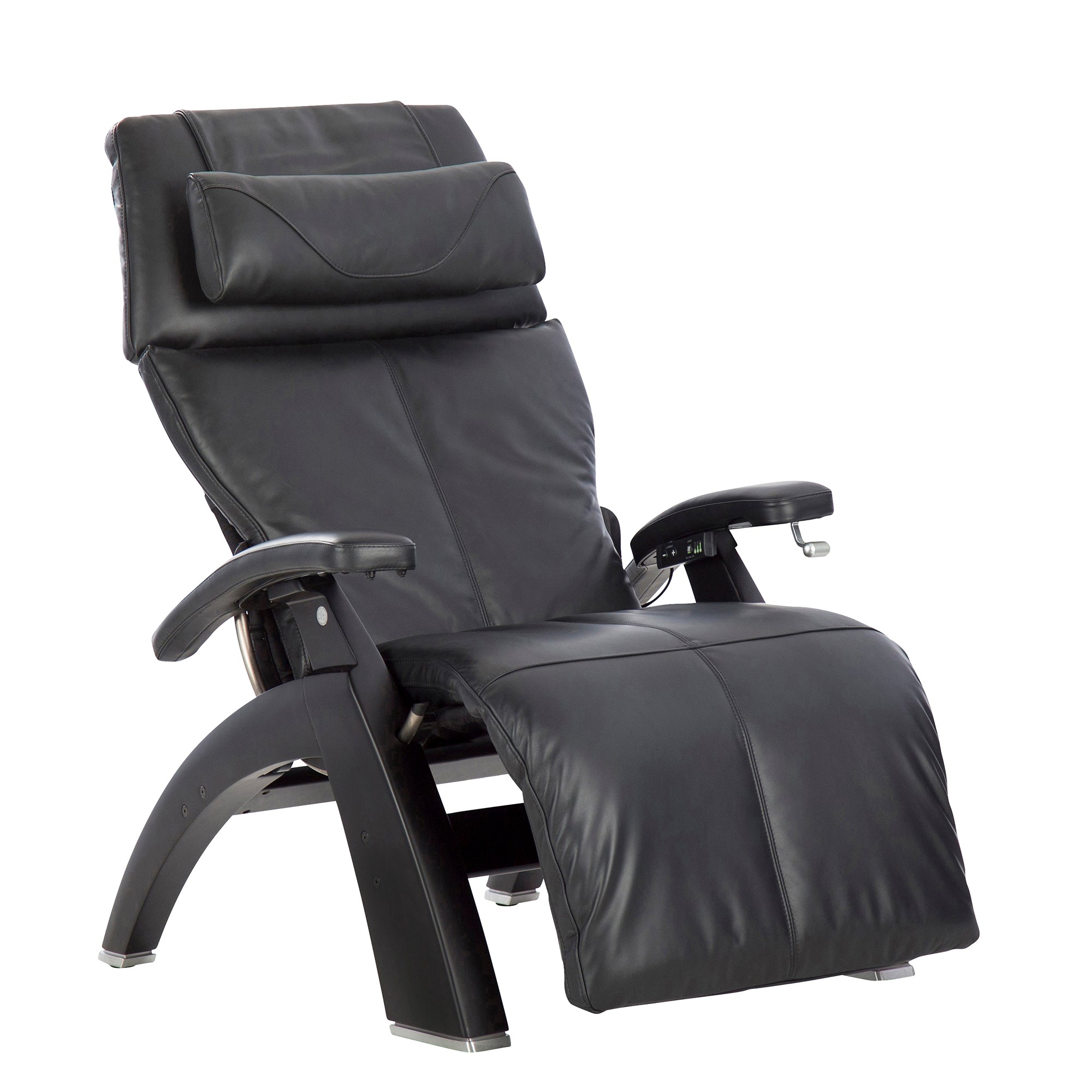 Perfect Chair PC-420 Classic Manual Plus recliner in black leather with curved base and adjustable headrest pillow