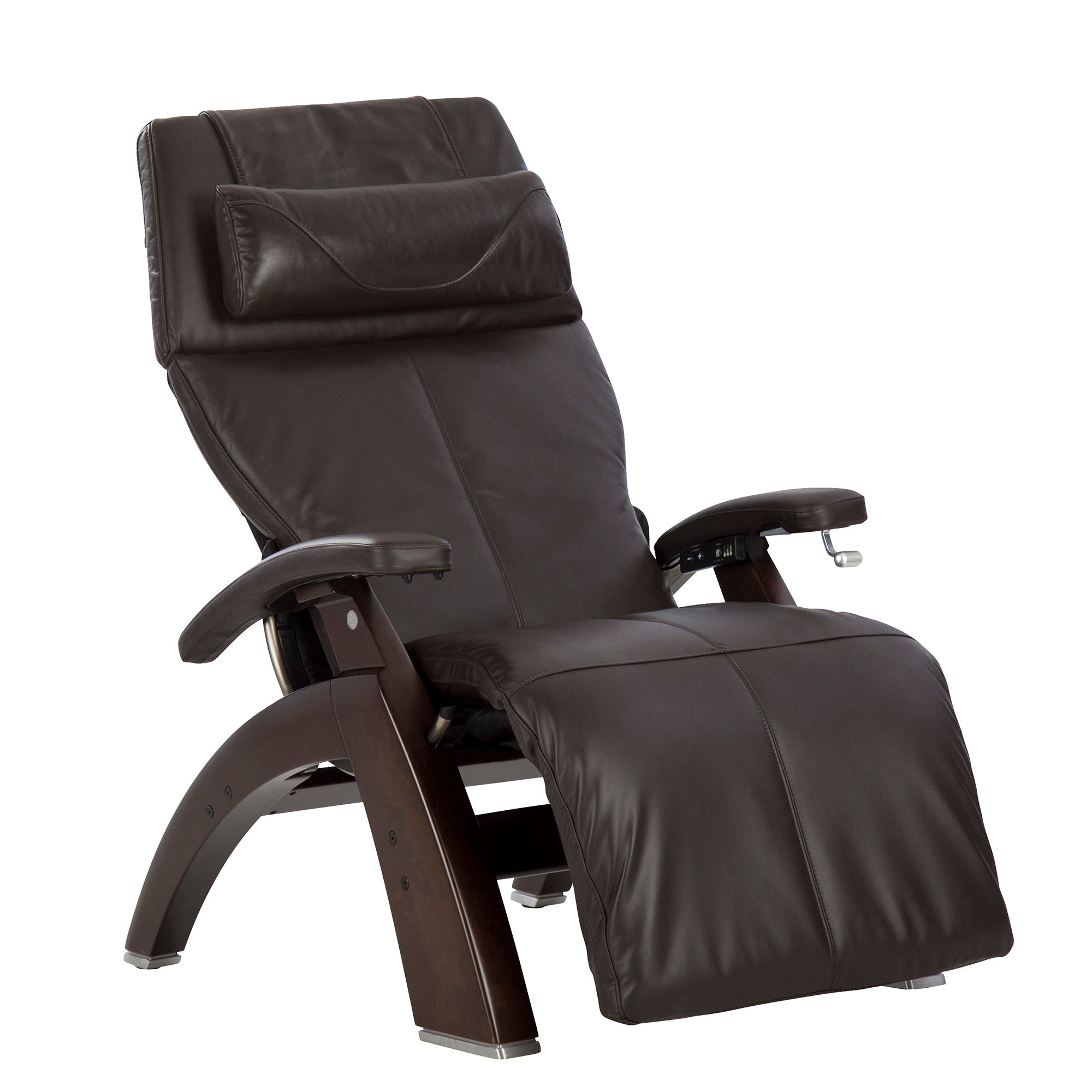 Perfect Chair PC-420 Classic Manual Plus recliner in dark brown leather with wooden base and zero-gravity positioning