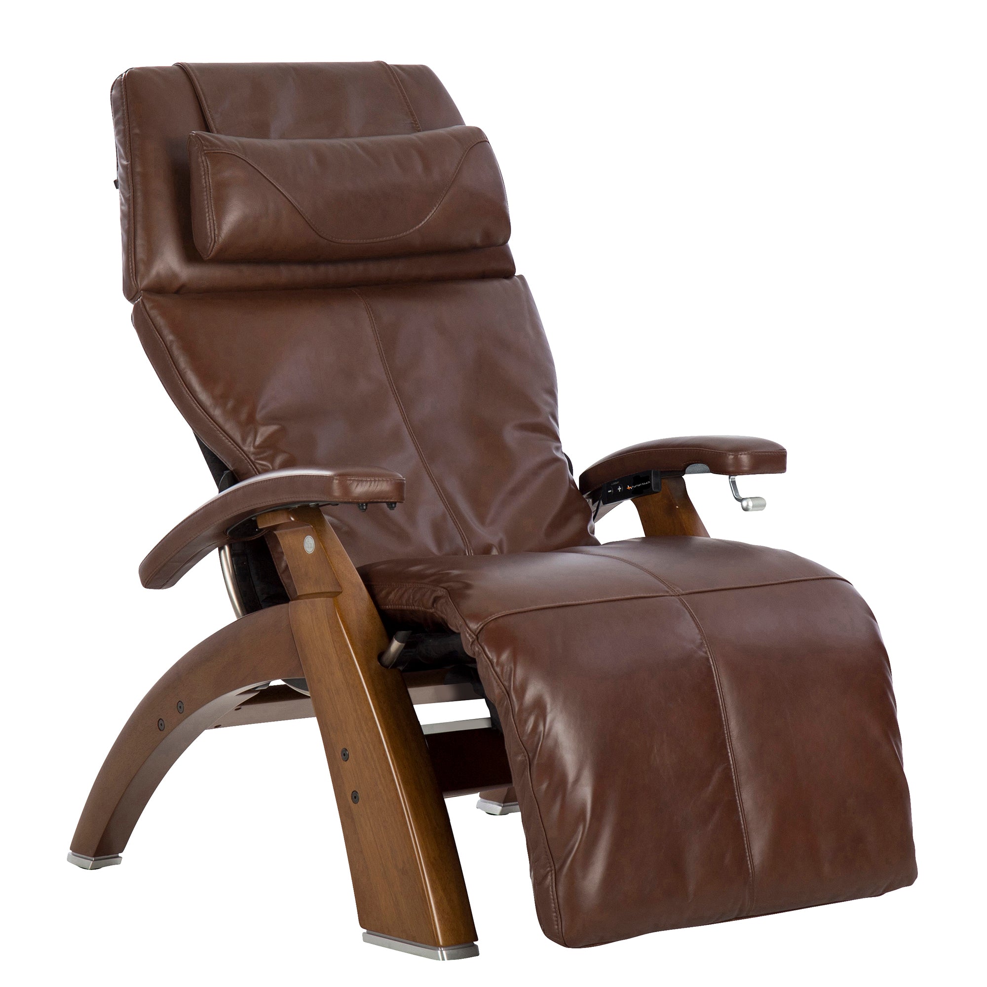 Perfect Chair PC-420 Classic Manual Plus recliner in brown leather with wooden base, shown in reclined zero-gravity position