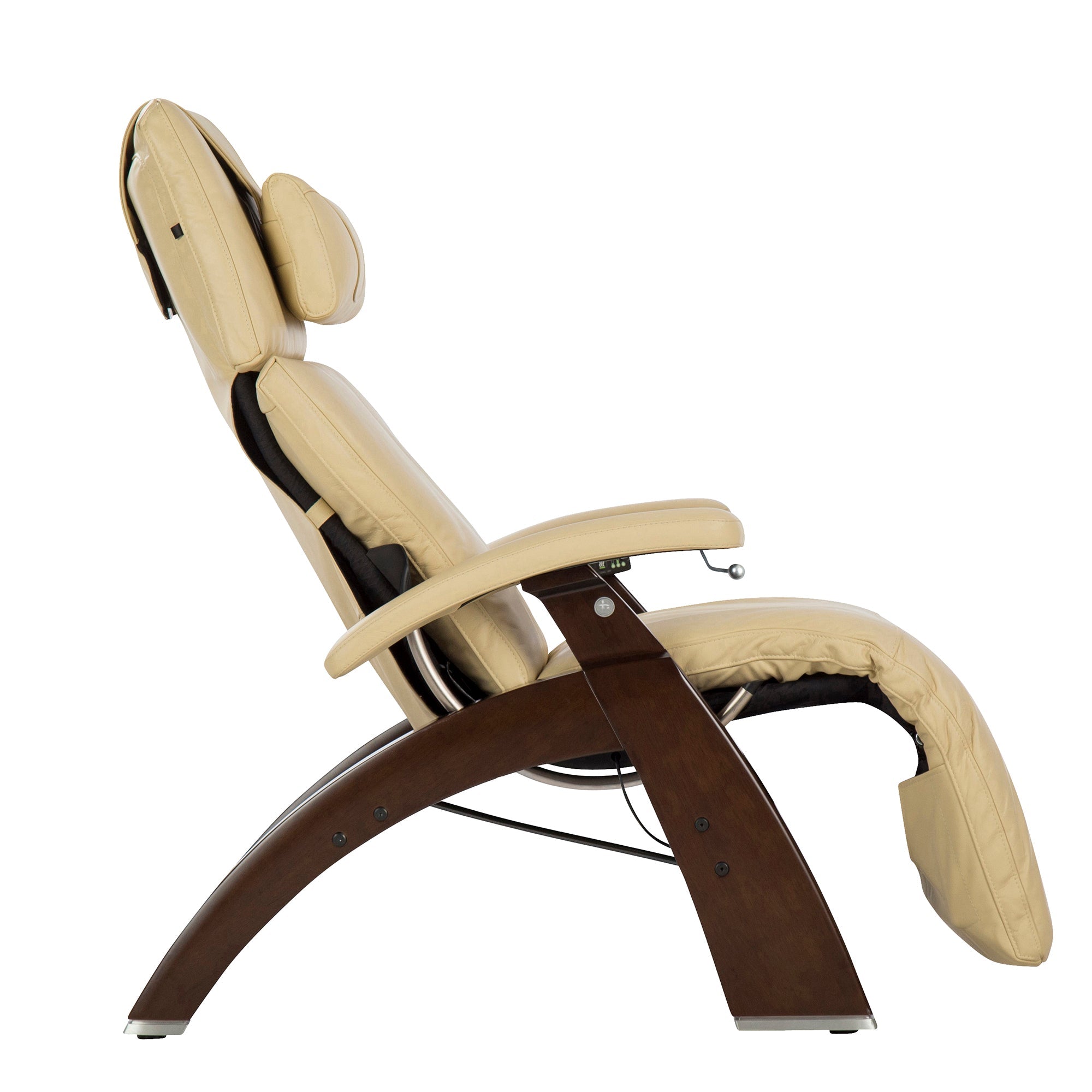 Perfect Chair PC-420 Classic Manual Plus recliner in cream leather with dark wood base, shown in reclined position