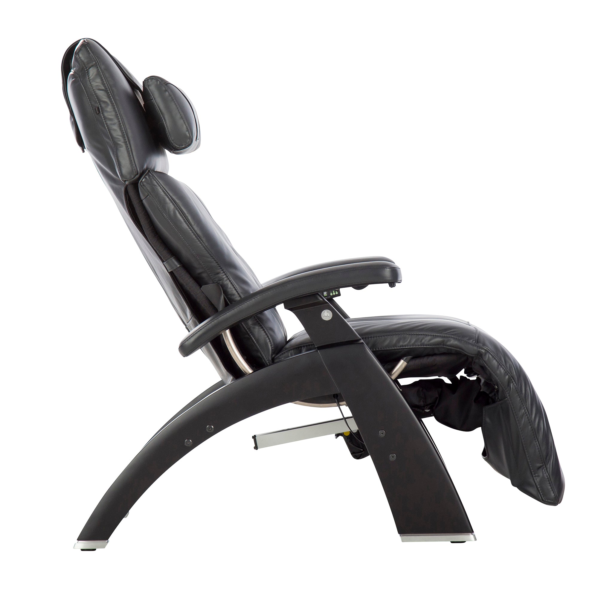 Perfect Chair PC-610 Omni-Motion Classic recliner in black leather with curved wood base, shown in reclined position