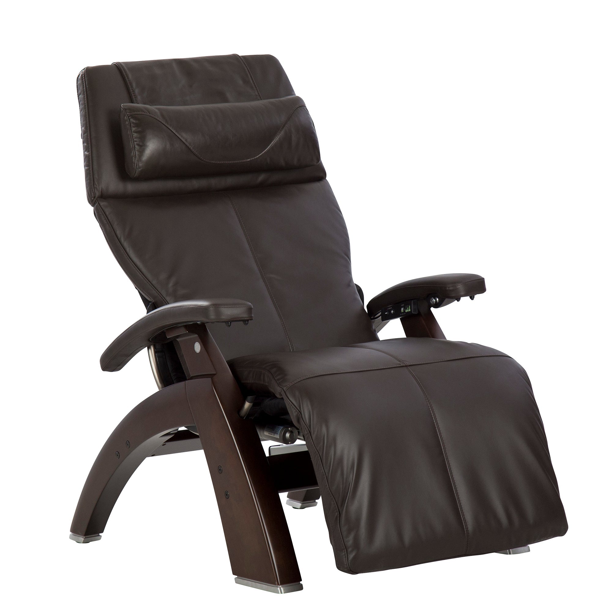 Perfect Chair PC-610 Omni-Motion Classic zero-gravity recliner in dark brown leather with wooden base and adjustable headrest