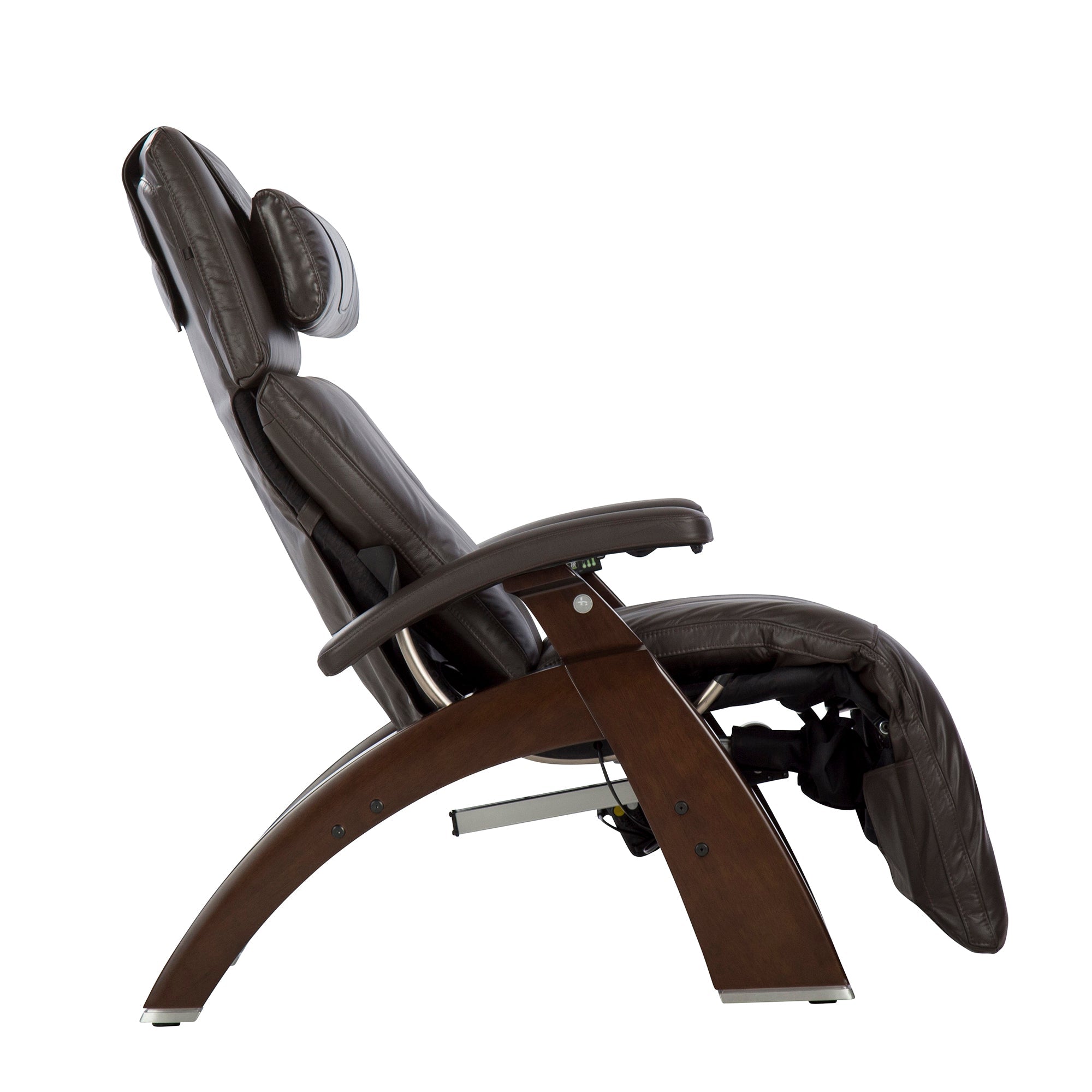 Perfect Chair PC-610 Omni-Motion Classic recliner in black leather with wooden base shown in zero-gravity position