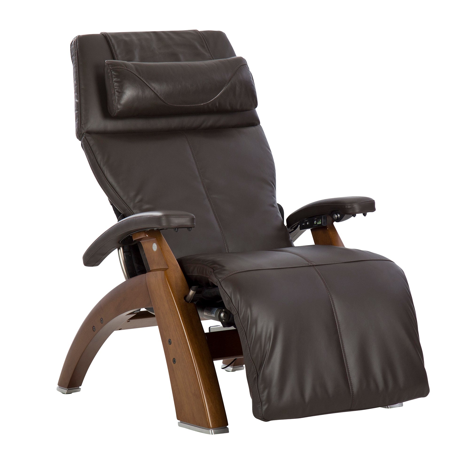 Perfect Chair PC-610 Omni-Motion Classic zero-gravity recliner in dark brown leather with wooden base, shown fully reclined