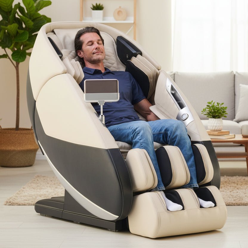 Man relaxing in a Super Novo 3.0 massage chair.