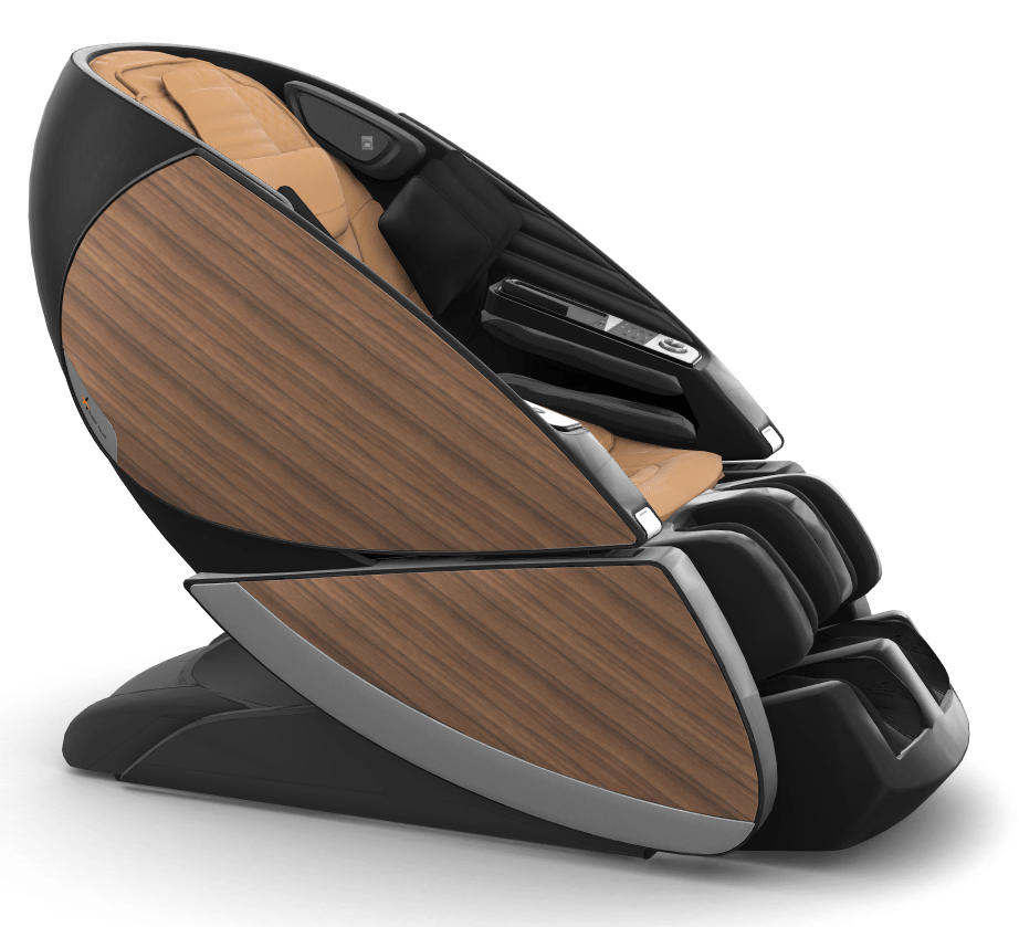 Super Novo X Massage Chair with walnut wood panels and black leather upholstery in modern teardrop design