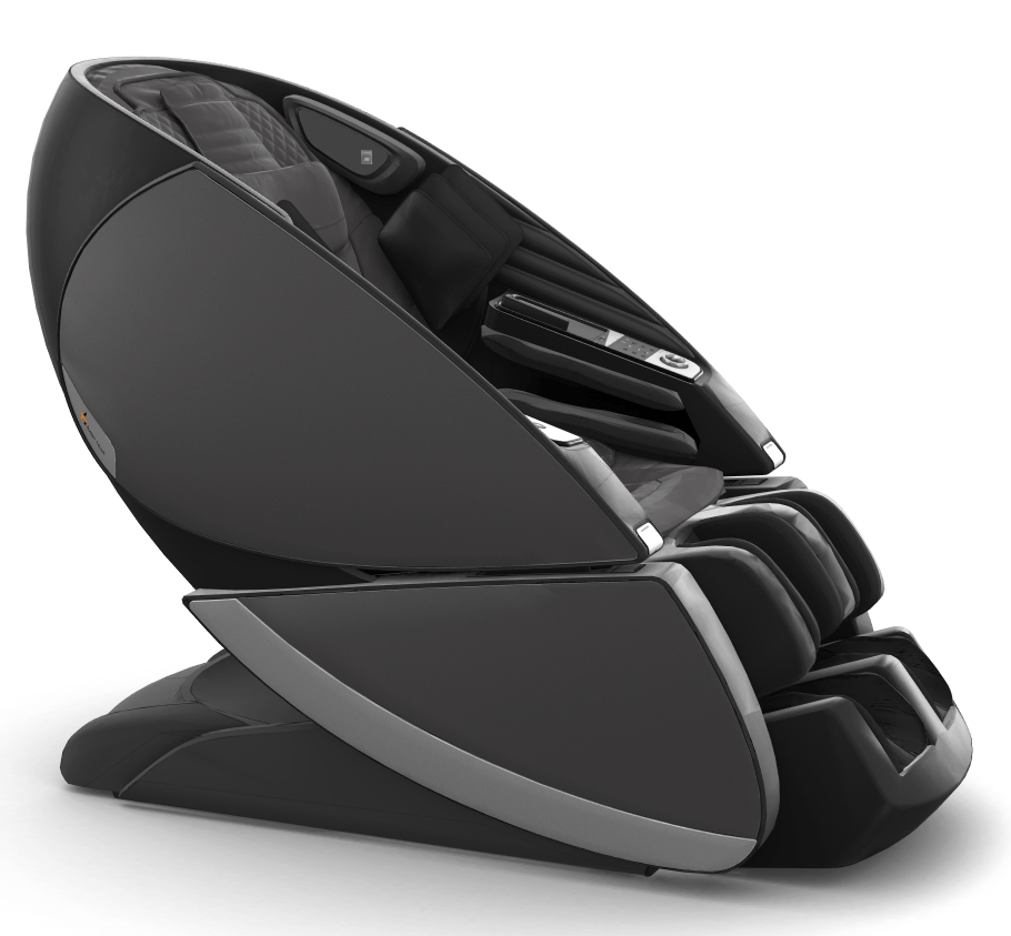 Super Novo X Massage Chair in sleek black with teardrop design and upward-pivoting doors, shown in side view profile