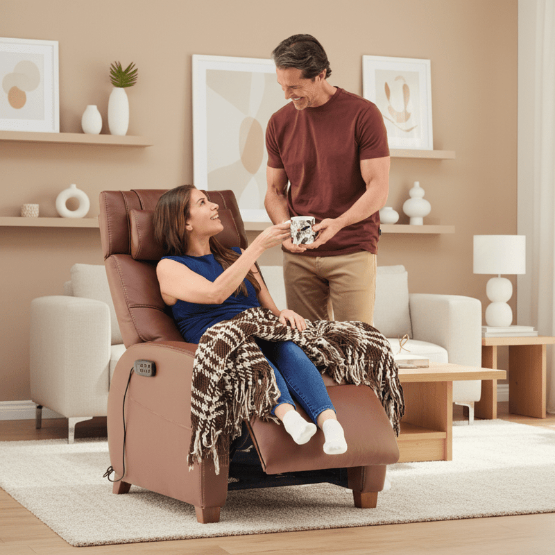Woman relaxing in a brown recliner chair with a man standing beside her, holding a cup.
