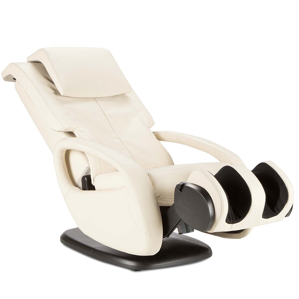 WholeBody 5.1 massage chair in cream white leather with curved design and ergonomic leg massagers on black base