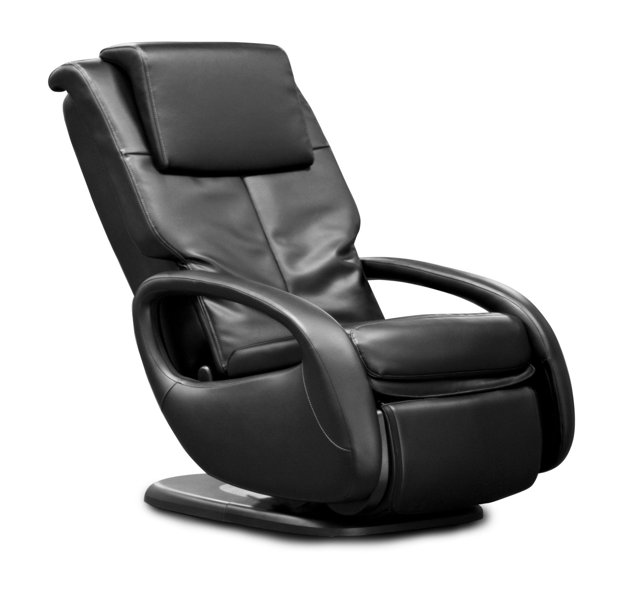 WholeBody 7.1 massage chair in black leather with curved armrests and padded headrest on modern base