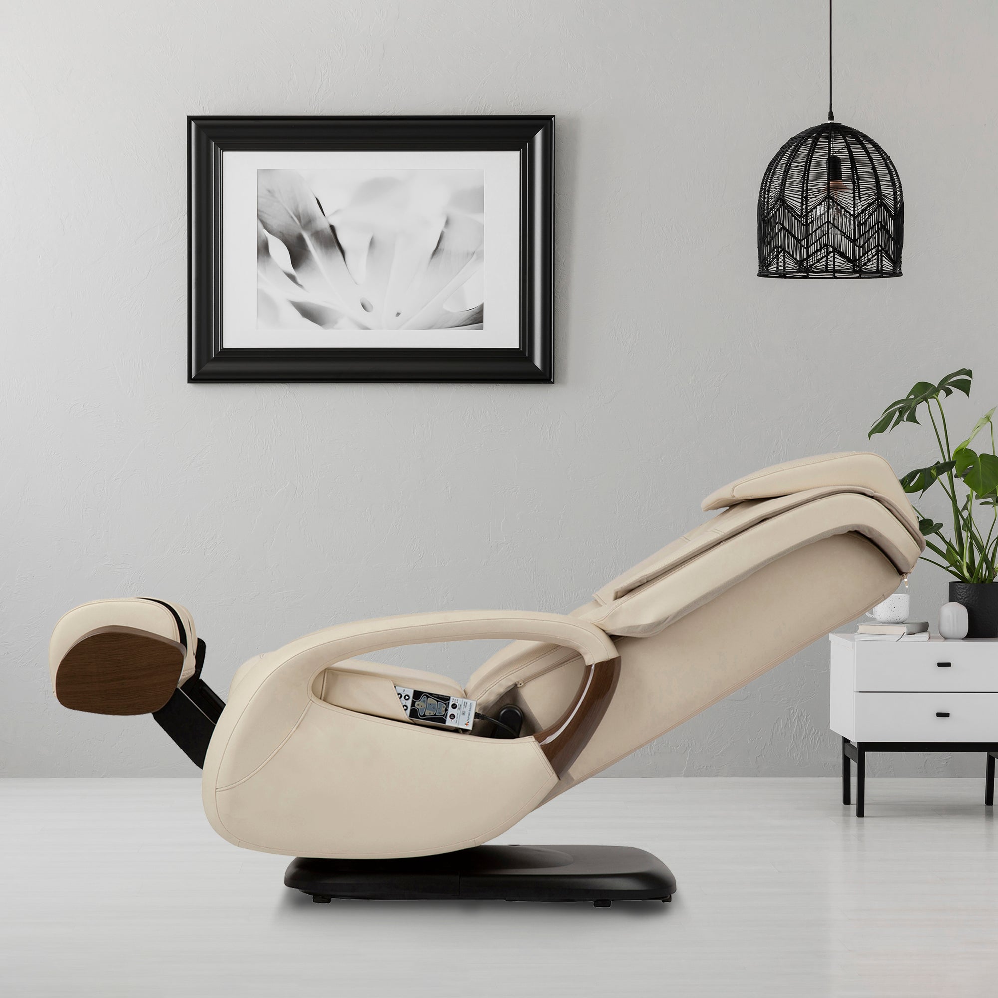 WholeBody 8.0 massage chair in cream color reclined in modern living room with minimalist decor