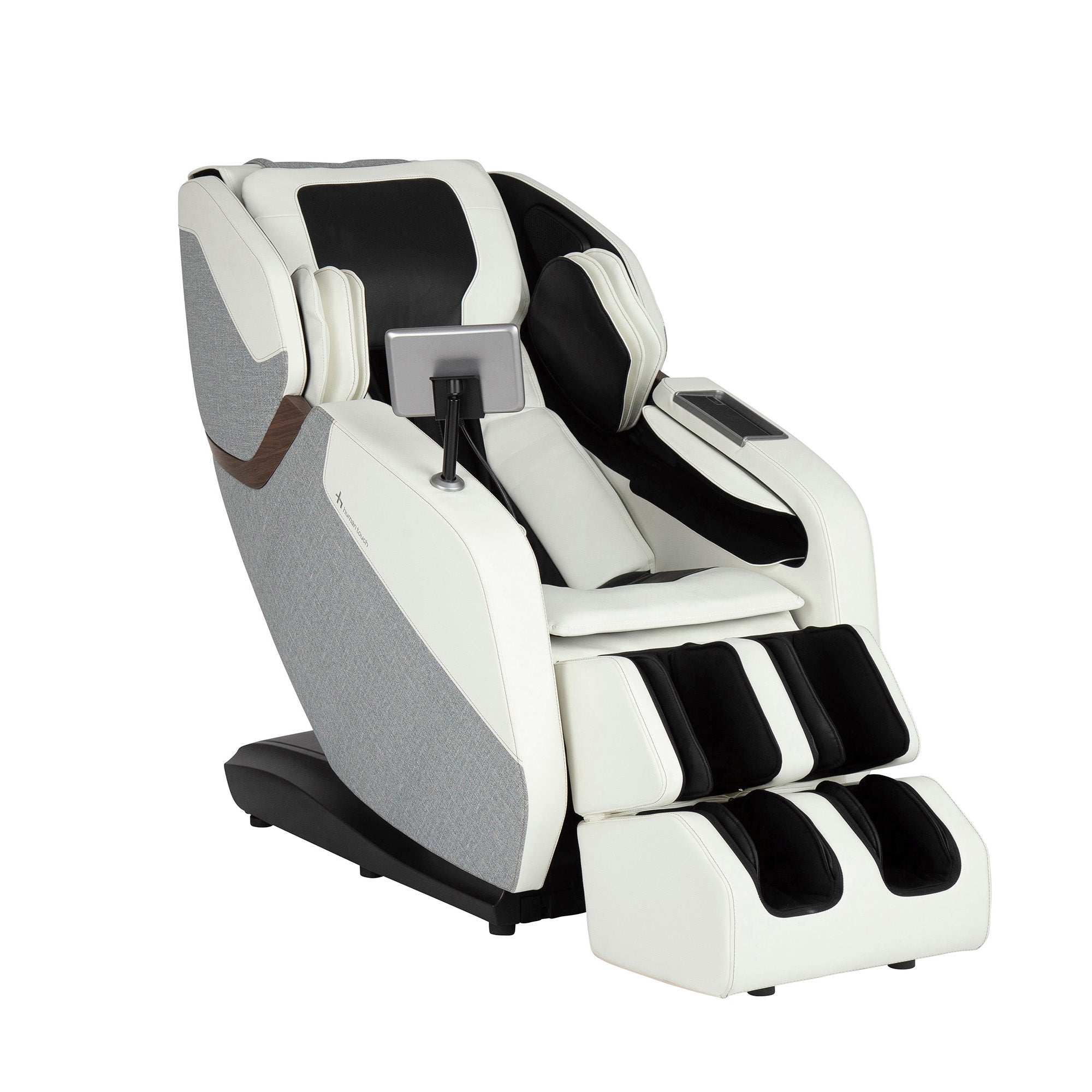 WholeBody ROVE massage chair in white and black with L-track design and full-body massage capabilities
