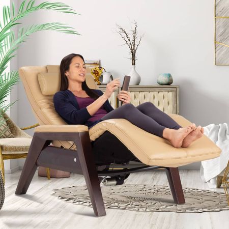Gravis ZG Chair in Sand and Mahogany, with woman in chair