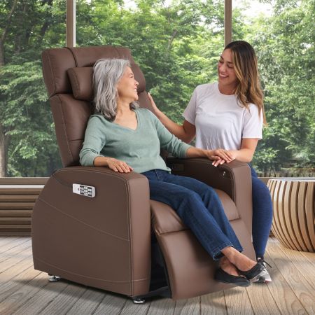 Woman and daughter looking at chair