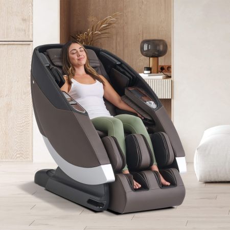 Super Novo 2.0 massage chair in Espresso in a room with female model	